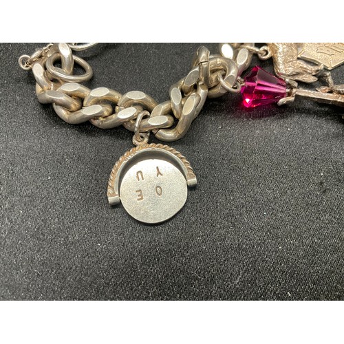 22 - HALLMARKED SILVER CHARM BRACELET WITH 6 SILVER CHARMS W54G - SAFETY CHAIN IS NOT SILVER, LOCKET & CH... 