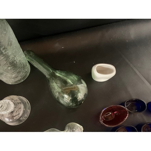 124 - BOX OF VICTORIAN AND LATER GLASSWARE TO INCLUDE INKWELLS, EYE GLASSES, ROLLING PINS,  COLOURED GLASS... 