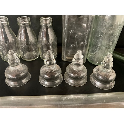 124 - BOX OF VICTORIAN AND LATER GLASSWARE TO INCLUDE INKWELLS, EYE GLASSES, ROLLING PINS,  COLOURED GLASS... 