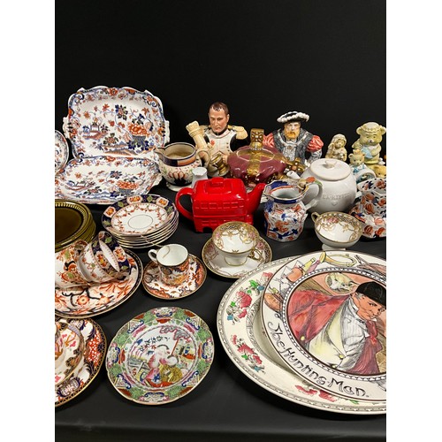 128 - 2 BOXES OF CHINA TO INCLUDE TEAPOTS, CHERISHED TEDDIES FIGURES, MASONS PLATES, CROWN DARBY ETC