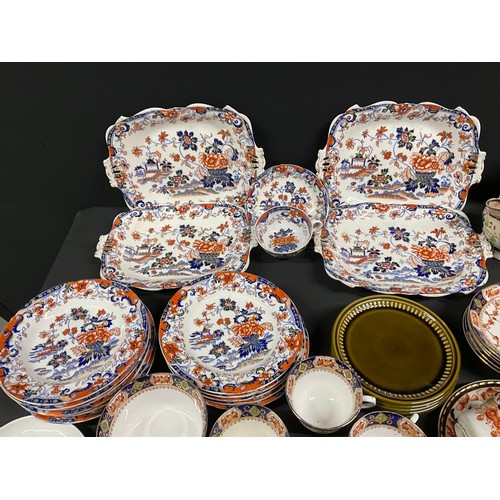 128 - 2 BOXES OF CHINA TO INCLUDE TEAPOTS, CHERISHED TEDDIES FIGURES, MASONS PLATES, CROWN DARBY ETC