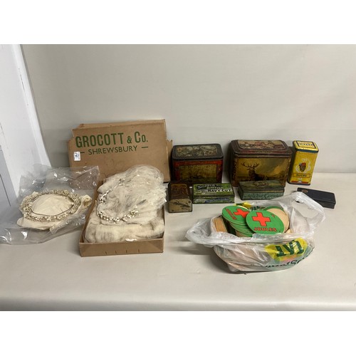 131 - BOX TO INCLUDE VINTAGE ADVERTISING TINS, JOULES BEER MATES, BOXED GROCOTT SHREWSBURY WEDDING VEIL AN... 