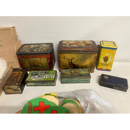 131 - BOX TO INCLUDE VINTAGE ADVERTISING TINS, JOULES BEER MATES, BOXED GROCOTT SHREWSBURY WEDDING VEIL AN... 