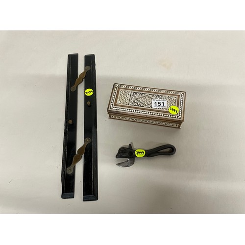 151 - VINTAGE CAST IRON BULL CAN OPENER, ORIENTAL INLAID TRINKET BOX AND EBONY WITHE BRASS FITTINGS RULER