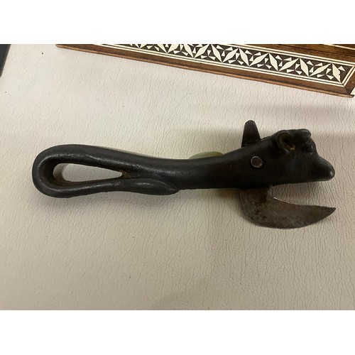 151 - VINTAGE CAST IRON BULL CAN OPENER, ORIENTAL INLAID TRINKET BOX AND EBONY WITHE BRASS FITTINGS RULER