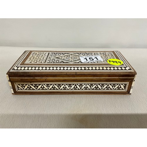 151 - VINTAGE CAST IRON BULL CAN OPENER, ORIENTAL INLAID TRINKET BOX AND EBONY WITHE BRASS FITTINGS RULER