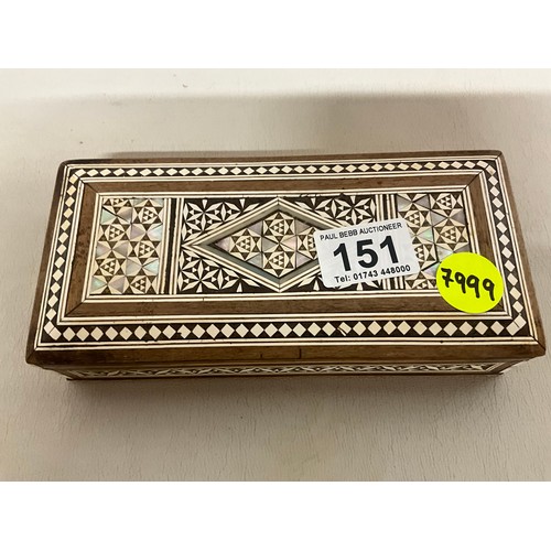 151 - VINTAGE CAST IRON BULL CAN OPENER, ORIENTAL INLAID TRINKET BOX AND EBONY WITHE BRASS FITTINGS RULER