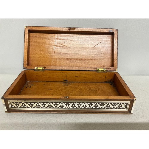 151 - VINTAGE CAST IRON BULL CAN OPENER, ORIENTAL INLAID TRINKET BOX AND EBONY WITHE BRASS FITTINGS RULER