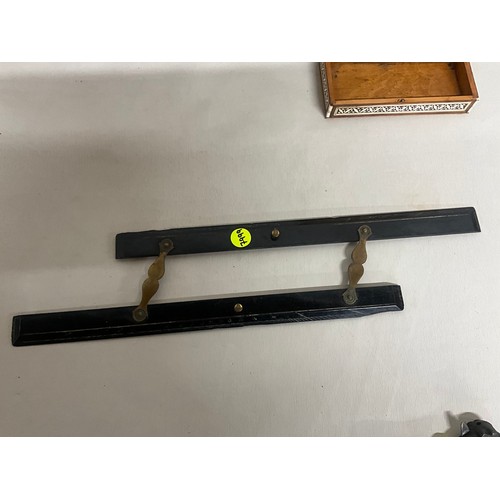 151 - VINTAGE CAST IRON BULL CAN OPENER, ORIENTAL INLAID TRINKET BOX AND EBONY WITHE BRASS FITTINGS RULER