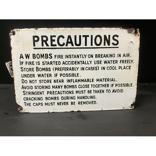 153 - VINTAGE ENAMEL PRECAUTIONS BOMB SIGN 12