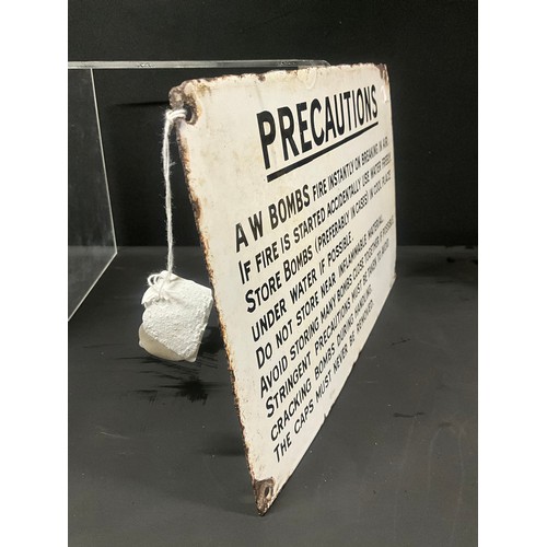 153 - VINTAGE ENAMEL PRECAUTIONS BOMB SIGN 12