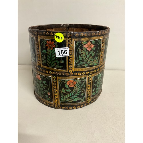 156 - OAK BUCKET WITH CAST IRON BAND WORK AND HAND PAINTED FLORAL PANELS H10
