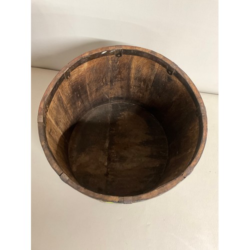 156 - OAK BUCKET WITH CAST IRON BAND WORK AND HAND PAINTED FLORAL PANELS H10