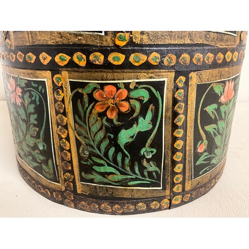 156 - OAK BUCKET WITH CAST IRON BAND WORK AND HAND PAINTED FLORAL PANELS H10