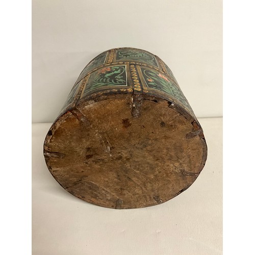 156 - OAK BUCKET WITH CAST IRON BAND WORK AND HAND PAINTED FLORAL PANELS H10