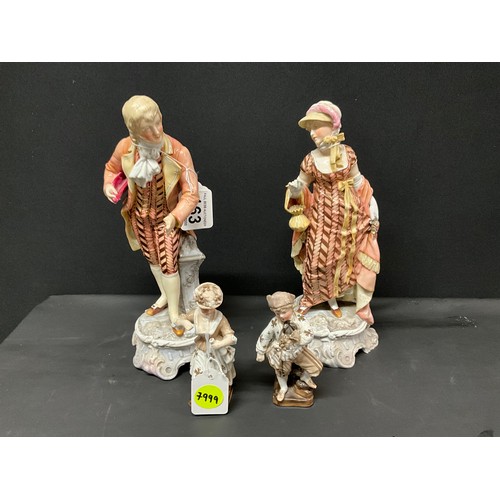 163 - PAIR OF CONTINENTAL LADY & GENT FIGURES A/F WITH CROSSED SWORDS TO BASE POSSIBLY DRESDEN H10