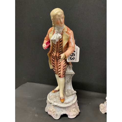 163 - PAIR OF CONTINENTAL LADY & GENT FIGURES A/F WITH CROSSED SWORDS TO BASE POSSIBLY DRESDEN H10