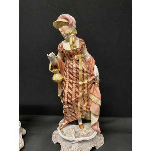 163 - PAIR OF CONTINENTAL LADY & GENT FIGURES A/F WITH CROSSED SWORDS TO BASE POSSIBLY DRESDEN H10