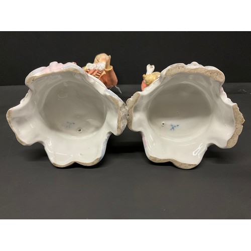 163 - PAIR OF CONTINENTAL LADY & GENT FIGURES A/F WITH CROSSED SWORDS TO BASE POSSIBLY DRESDEN H10