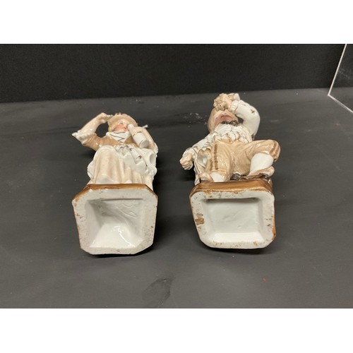 163 - PAIR OF CONTINENTAL LADY & GENT FIGURES A/F WITH CROSSED SWORDS TO BASE POSSIBLY DRESDEN H10