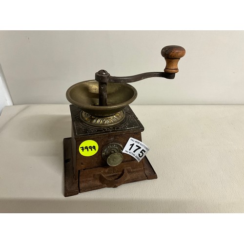 175 - VICTORIAN CAST IRON COFFEE GRINDER COMPLETE WITH DRAWER
