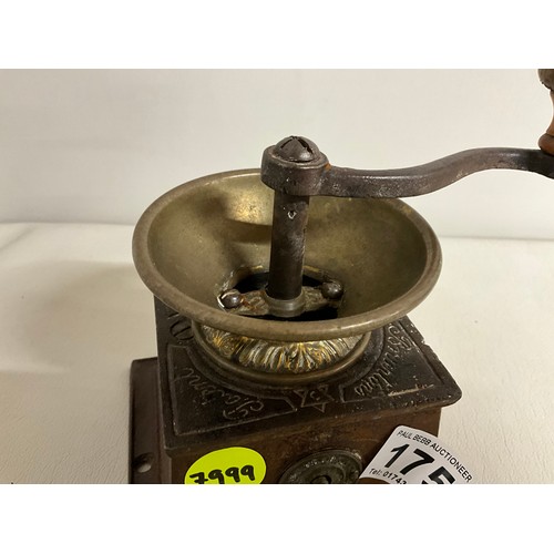 175 - VICTORIAN CAST IRON COFFEE GRINDER COMPLETE WITH DRAWER