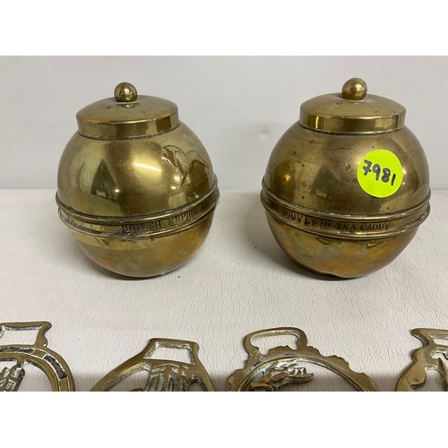 176 - PAIR OF VINTAGE BRASS LIPTONS TEA CADDIES AND A QTY OF HORSE BRASSES