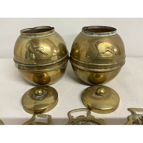 176 - PAIR OF VINTAGE BRASS LIPTONS TEA CADDIES AND A QTY OF HORSE BRASSES