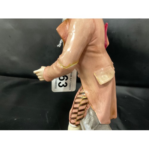 163 - PAIR OF CONTINENTAL LADY & GENT FIGURES A/F WITH CROSSED SWORDS TO BASE POSSIBLY DRESDEN H10