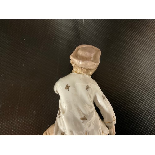 163 - PAIR OF CONTINENTAL LADY & GENT FIGURES A/F WITH CROSSED SWORDS TO BASE POSSIBLY DRESDEN H10