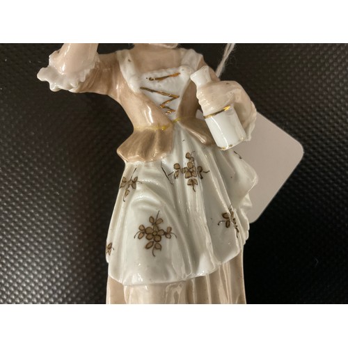 163 - PAIR OF CONTINENTAL LADY & GENT FIGURES A/F WITH CROSSED SWORDS TO BASE POSSIBLY DRESDEN H10