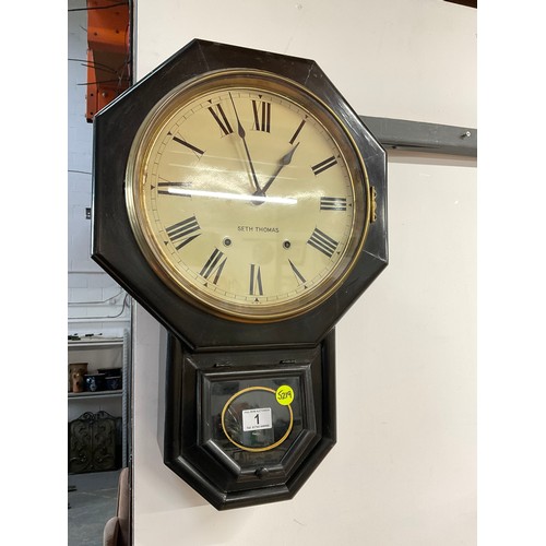 1 - REGULATOR A WALL CLOCK (SETH THOMAS) WITH KEY & PENDULUM H24