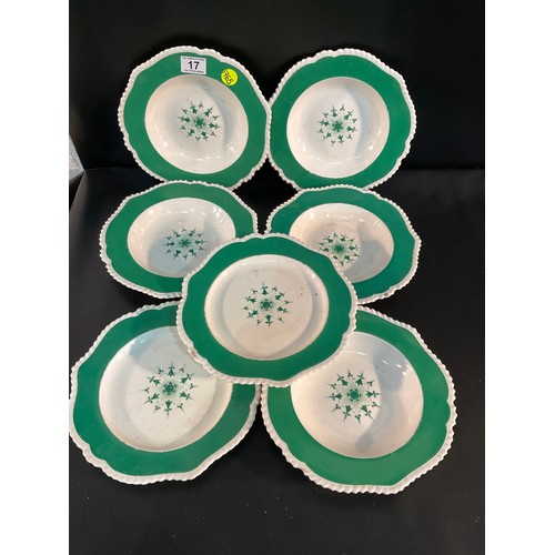 17 - 5 EARLY CHAMBERLAINS WORCESTER SOUP BOWLS AND 2 MATCHING PLATES (NEW BOND ST LONDON)