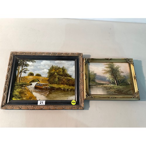 21 - FRAMED OILS ON BOARD (CANAL BOAT) SIGNED DAWSON 13