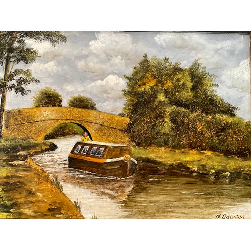 21 - FRAMED OILS ON BOARD (CANAL BOAT) SIGNED DAWSON 13