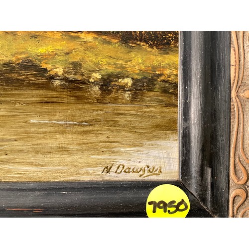 21 - FRAMED OILS ON BOARD (CANAL BOAT) SIGNED DAWSON 13