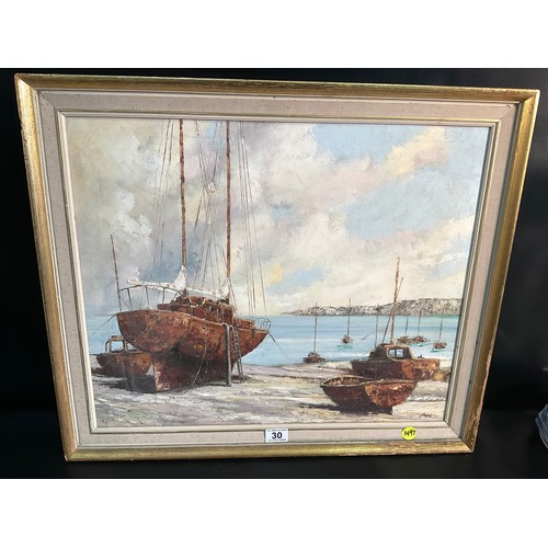30 - VINTAGE FRAMED OILS ON CANVAS SIGNED AMOS (BOATS ASHORE) 27