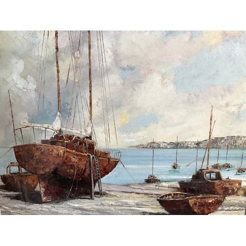 30 - VINTAGE FRAMED OILS ON CANVAS SIGNED AMOS (BOATS ASHORE) 27