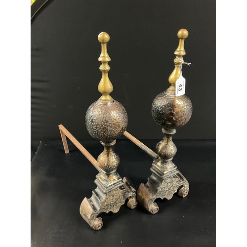 43 - PAIR OF LARGE CAST IRON AND BRASS FIRE DOGS
