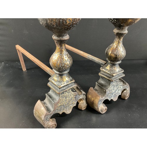 43 - PAIR OF LARGE CAST IRON AND BRASS FIRE DOGS