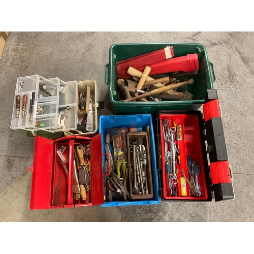 184 - 2 CRATES AND 3 TOOL BOXES FULL OF TOOLS - SPANNERS,SOCKETS,HAMMERS AND AXES ETC