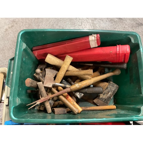184 - 2 CRATES AND 3 TOOL BOXES FULL OF TOOLS - SPANNERS,SOCKETS,HAMMERS AND AXES ETC