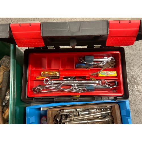 184 - 2 CRATES AND 3 TOOL BOXES FULL OF TOOLS - SPANNERS,SOCKETS,HAMMERS AND AXES ETC