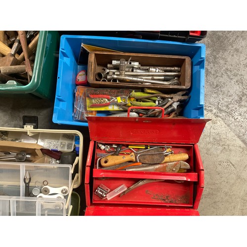 184 - 2 CRATES AND 3 TOOL BOXES FULL OF TOOLS - SPANNERS,SOCKETS,HAMMERS AND AXES ETC