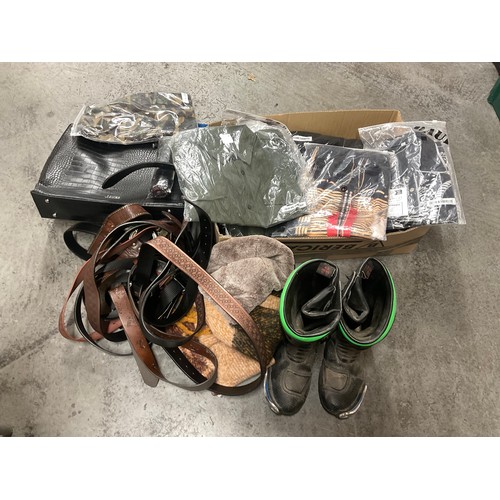 185 - BOX OF BELTS,MOTOR BIKE BOOTS,WALL CARPET ETC