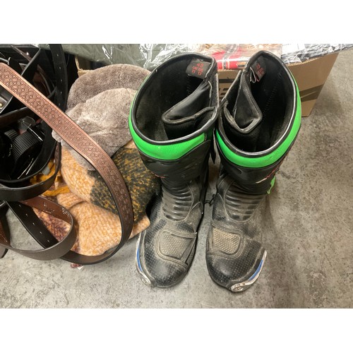185 - BOX OF BELTS,MOTOR BIKE BOOTS,WALL CARPET ETC