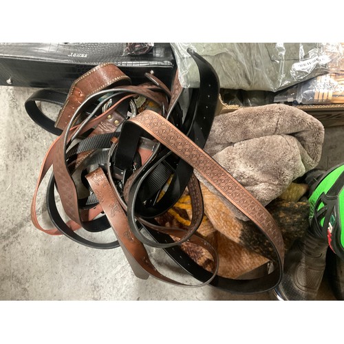 185 - BOX OF BELTS,MOTOR BIKE BOOTS,WALL CARPET ETC