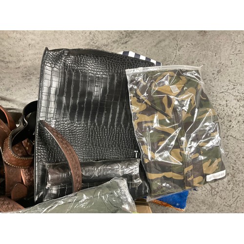 185 - BOX OF BELTS,MOTOR BIKE BOOTS,WALL CARPET ETC