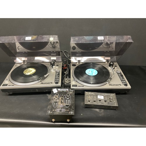 190 - 2 NUMARK RECORD DECKS,REALISTIC 4 CHANNEL MICROPHONE MIXER AND NUMARK PREAMP MIXER
