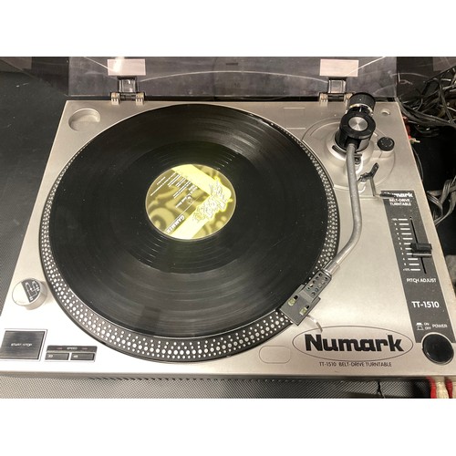 190 - 2 NUMARK RECORD DECKS,REALISTIC 4 CHANNEL MICROPHONE MIXER AND NUMARK PREAMP MIXER